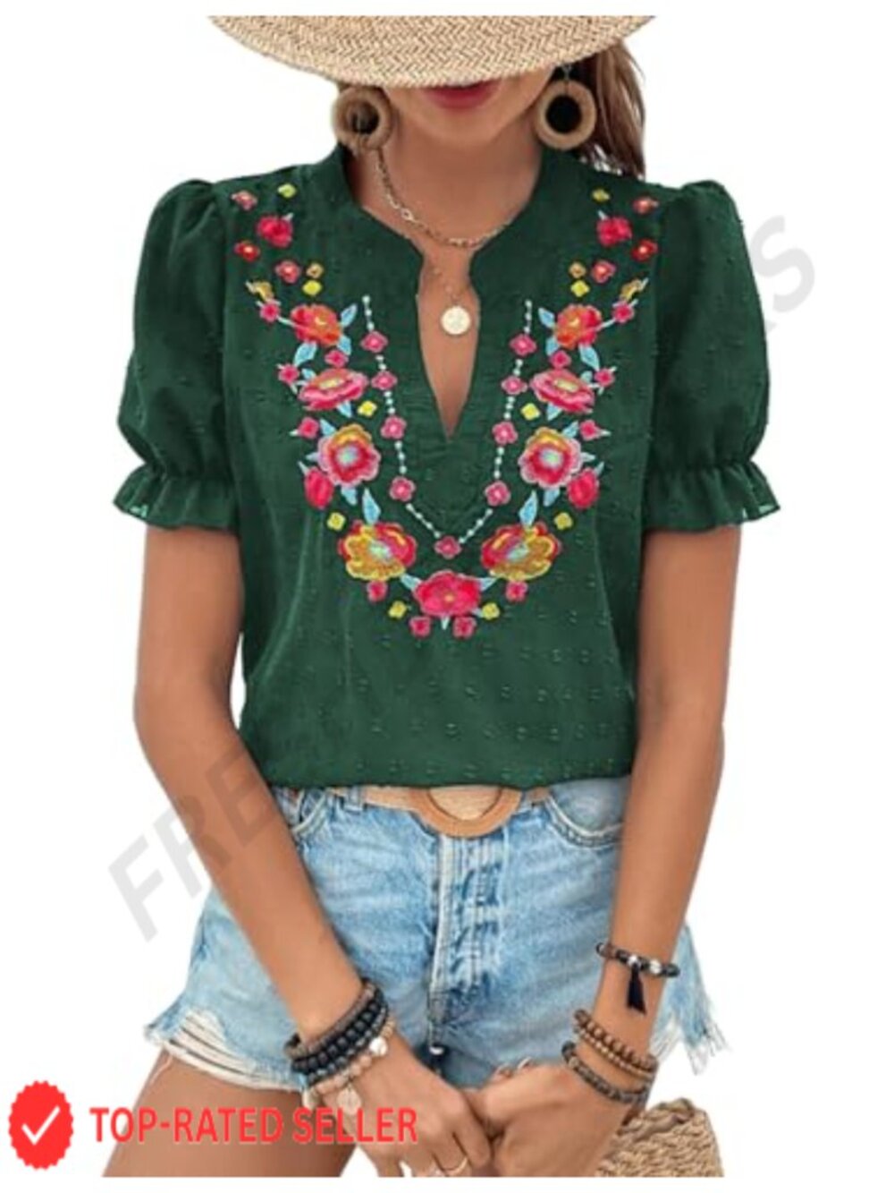 Women's Floral Embroidered V Neck Puff Sleeve Boho Blouse Loose Fit Top